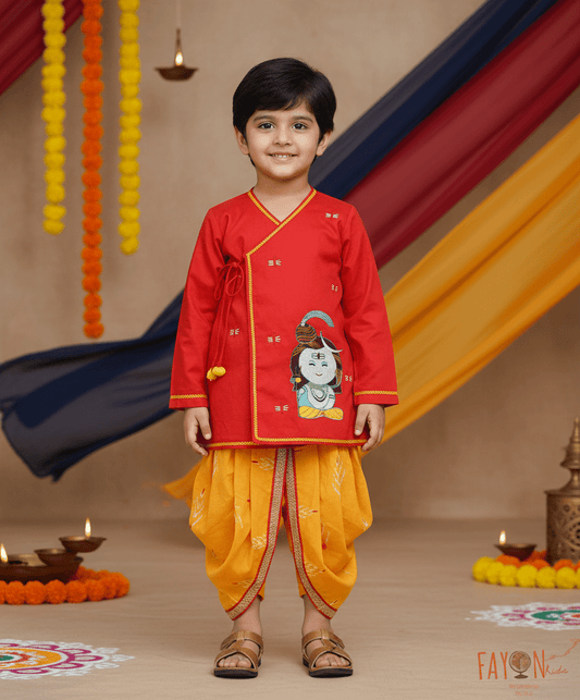 Pret God Red Yellow Silk Kurta with Printed Dhoti set for boys