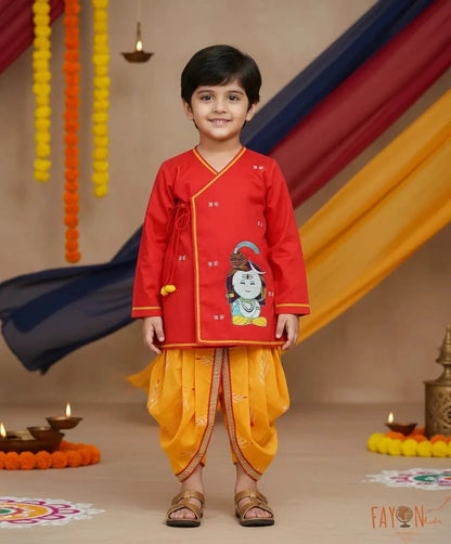 Pret God Red Yellow Silk Kurta with Printed Dhoti set for boys