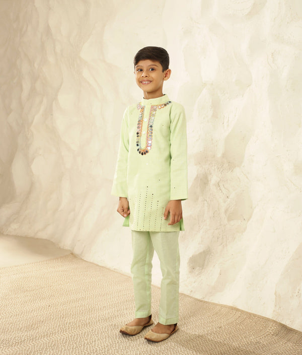 Pret Green Faux Mukaish Kurta with Pant for Boys