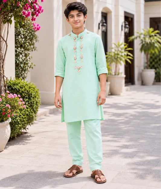 Green Gota tulip Embroidered Kurta Set - Pret Green Gota tulip Embroidered Kurta Set
