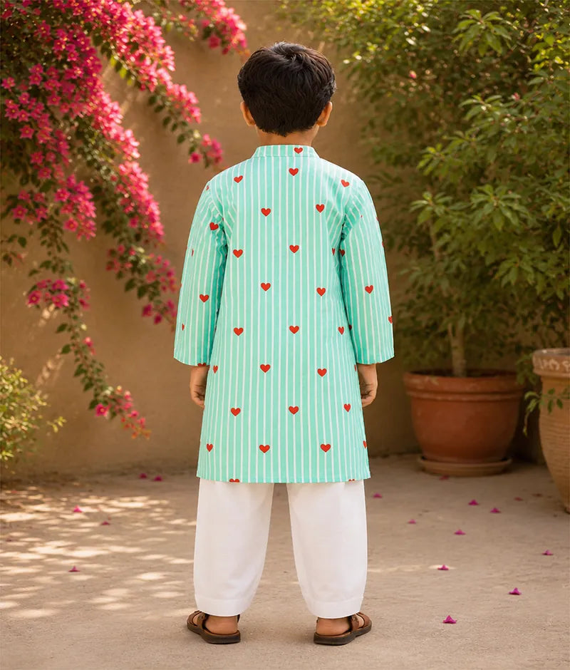 Pret Green Hearts & Stripe Printed Kurta with Salwar