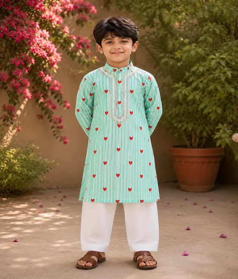 Pret Green Hearts & Stripe Printed Kurta with Salwar