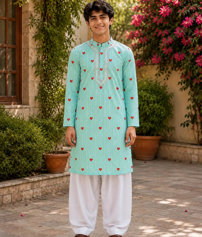 Green Hearts & Stripe Printed Kurta with Salwar - Pret Green Hearts & Stripe Printed Kurta with Salwar