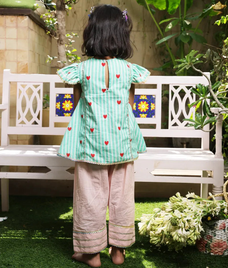 Pret Green Hearts & Stripe Printed Kurti with Peach Farshi Salwar