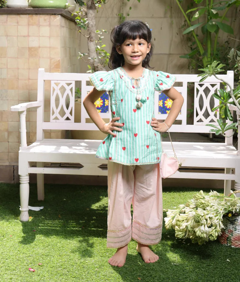 Pret Green Hearts & Stripe Printed Kurti with Peach Farshi Salwar