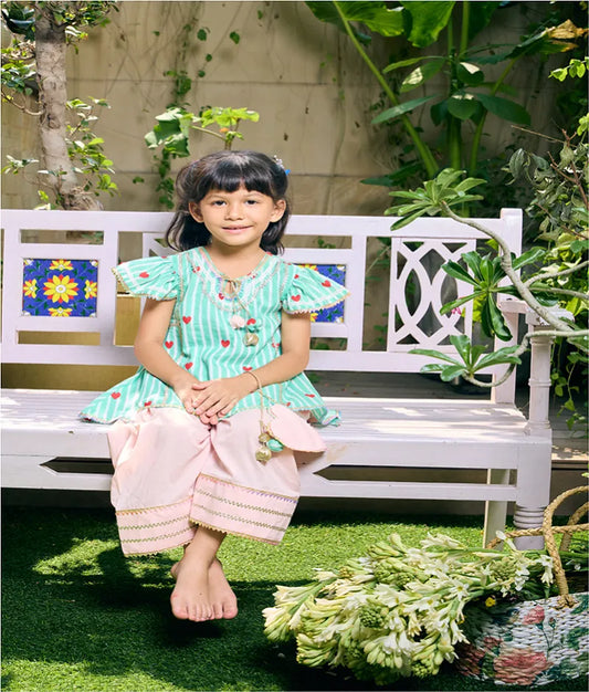Pret Green Hearts & Stripe Printed Kurti with Peach Farshi Salwar