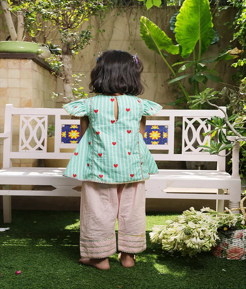 Pret Green Hearts & Stripe Printed Kurti with Peach Farshi Salwar
