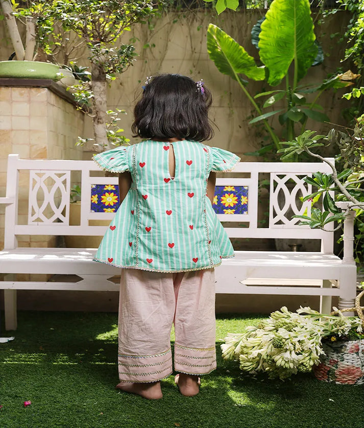 Pret Green Hearts & Stripe Printed Kurti with Peach Farshi Salwar