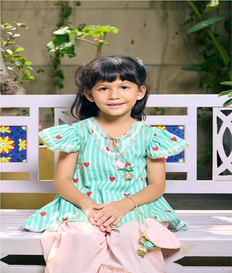 Pret Green Hearts & Stripe Printed Kurti with Peach Farshi Salwar