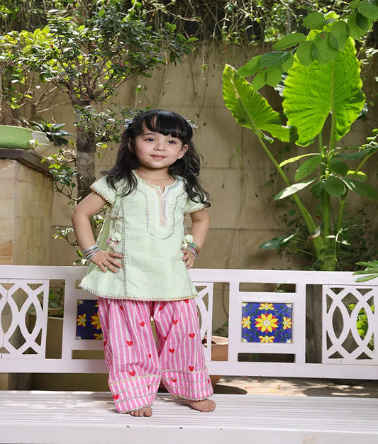 Pret Green Kurti with Hearts Printed Farshi Salwar