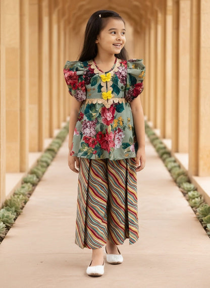 Pret Green Printed Peplum Kurti with Plazo