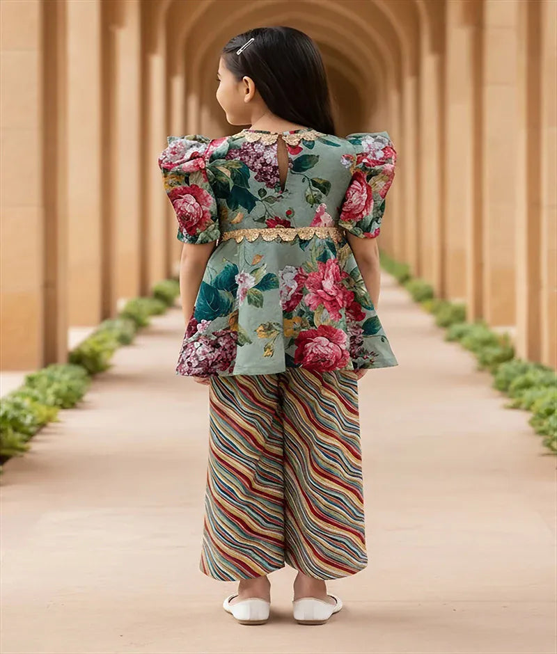 Pret Green Printed Peplum Kurti with Plazo