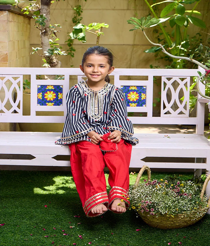 Pret Hearst & Stripe Printed Kurti with Red Farshi Salwar