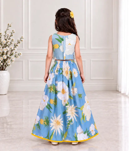 Light Blue Tassel Top with Printed Lehenga - Pret Light Blue Tassel Top with Printed Lehenga
