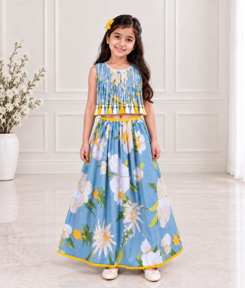 Pret Light Blue Tassel Top with Printed Lehenga