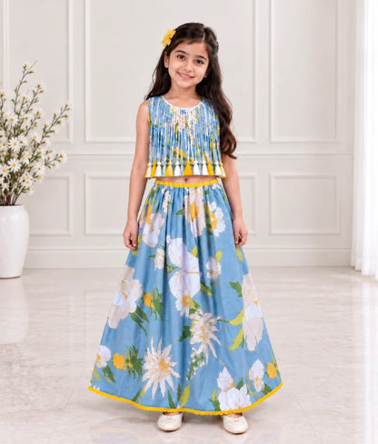 Light Blue Tassel Top with Printed Lehenga - Pret Light Blue Tassel Top with Printed Lehenga