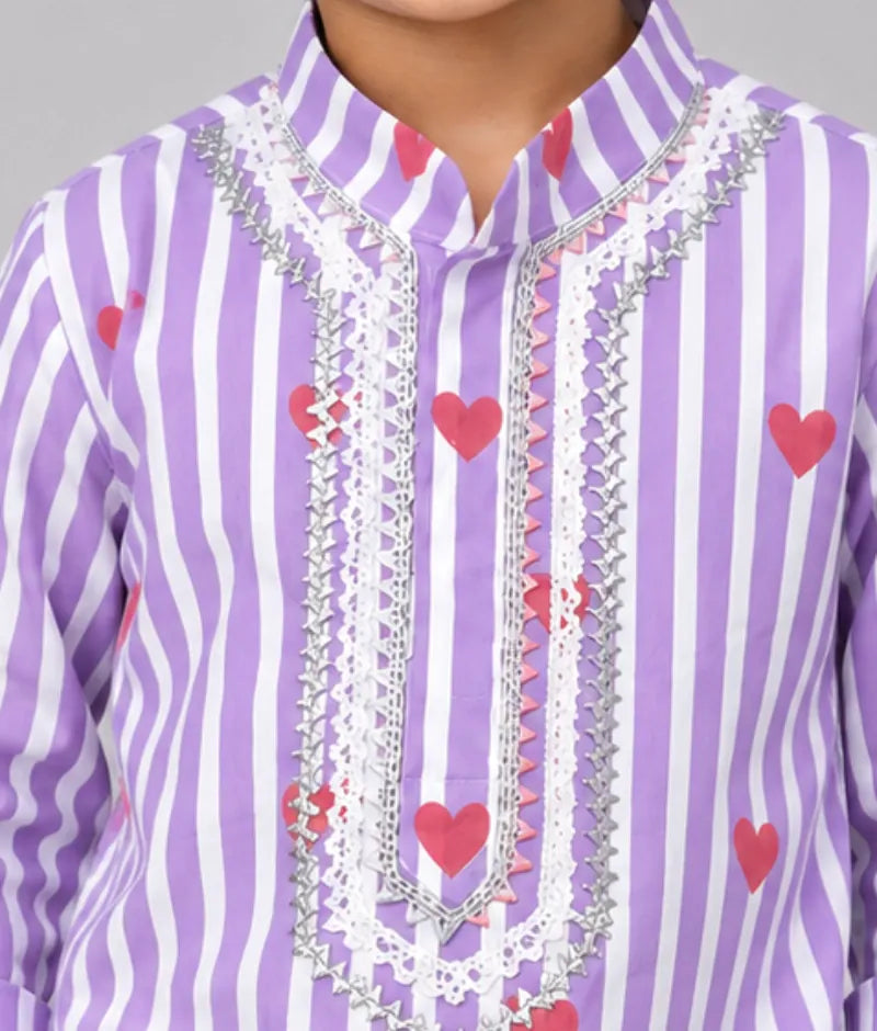 Pret Lilac Hearts & Stripe Printed Kurta with Salwar