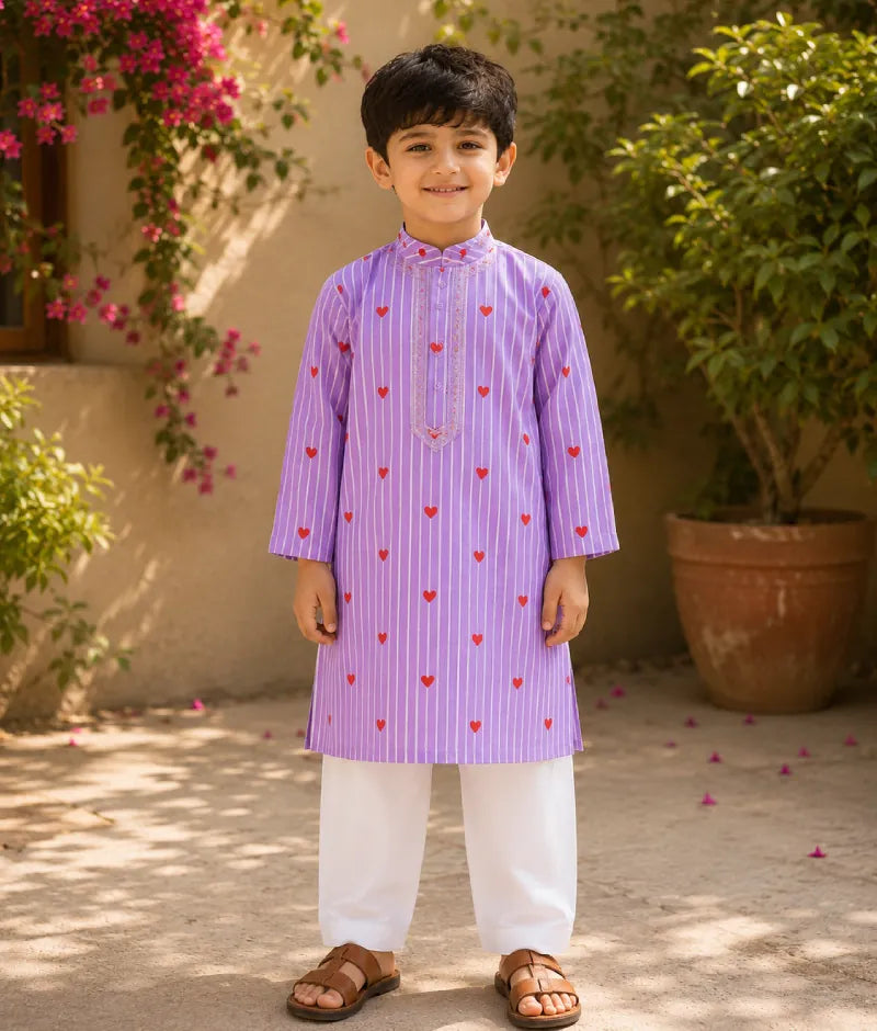 Pret Lilac Hearts & Stripe Printed Kurta with Salwar