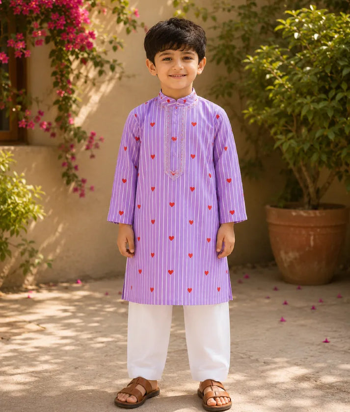 Pret Lilac Hearts & Stripe Printed Kurta with Salwar