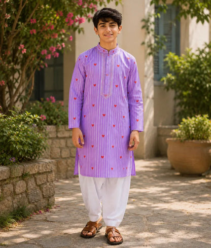 Lilac Hearts & Stripe Printed Kurta with Salwar - Pret Lilac Hearts & Stripe Printed Kurta with Salwar