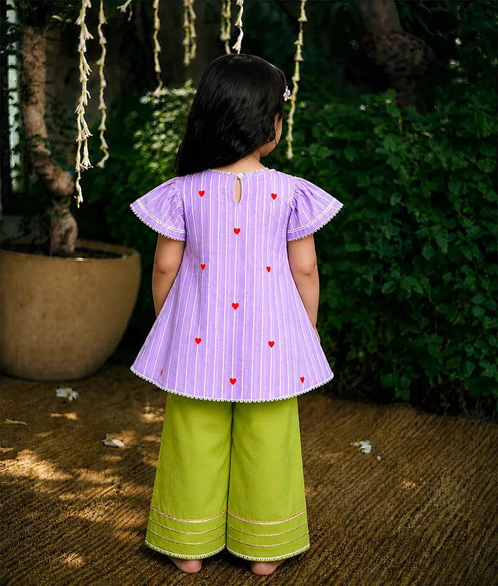 Pret Lilac Hearts & Stripe Printed Kurti with Green Farshi Salwar
