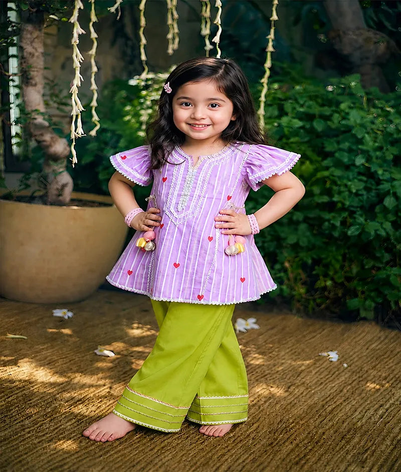 Pret Lilac Hearts & Stripe Printed Kurti with Green Farshi Salwar