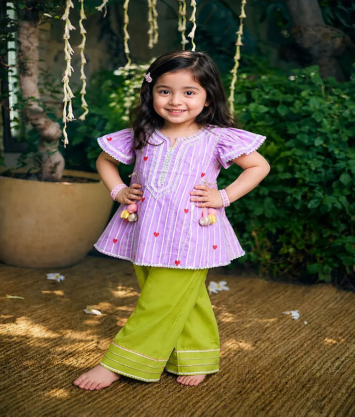 Pret Lilac Hearts & Stripe Printed Kurti with Green Farshi Salwar
