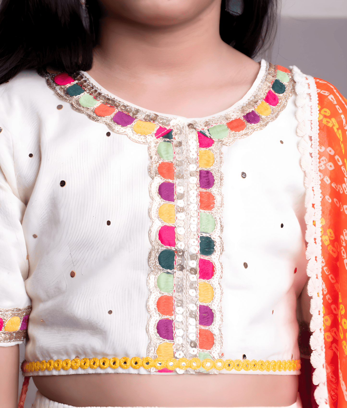 Pret Off white Faux Mukaish work Top & Skirt for Girls