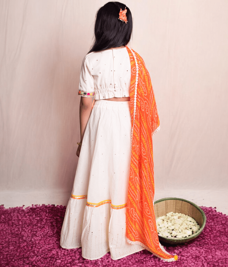 Pret Off white Faux Mukaish work Top & Skirt for Girls