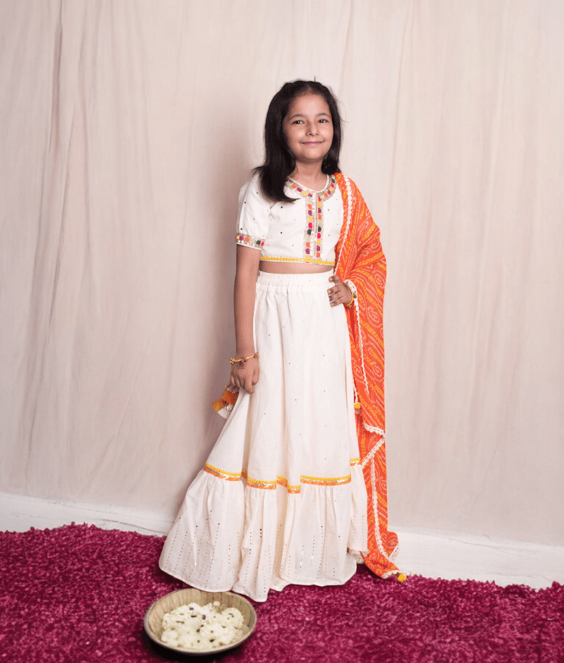 Pret Off white Faux Mukaish work Top & Skirt for Girls