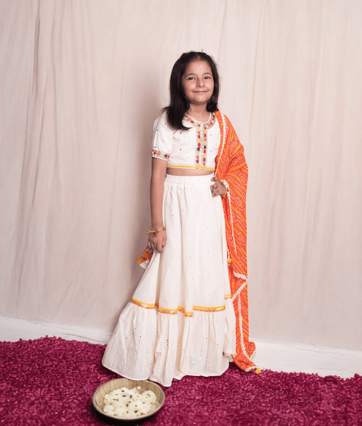 Pret Off white Faux Mukaish work Top & Skirt for Girls