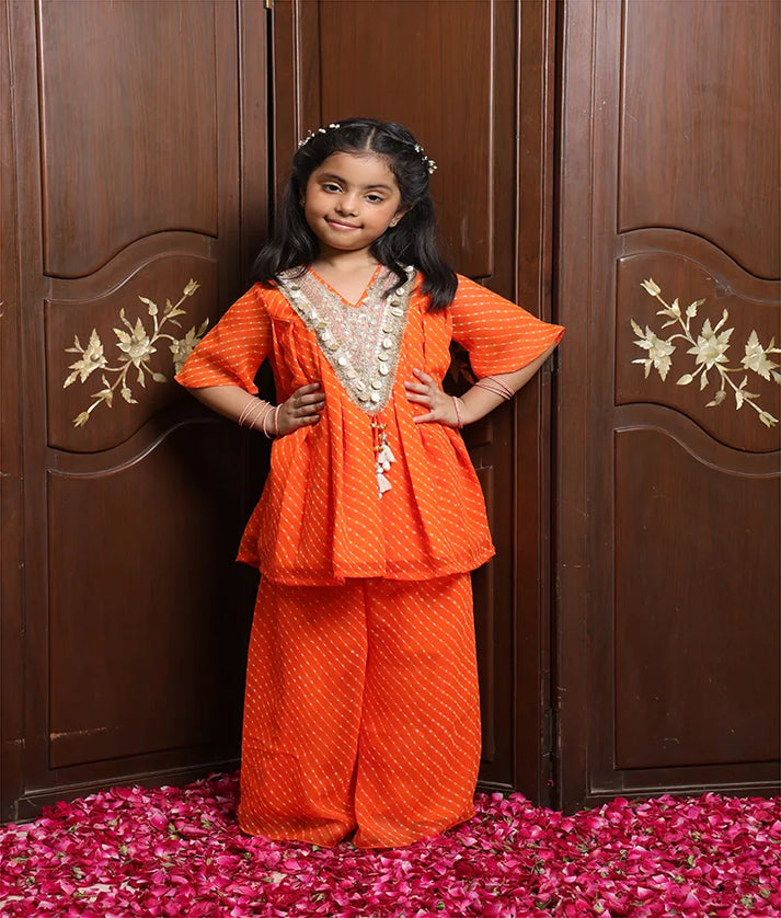 Pret Orange Bandhej Kurti with Sharara