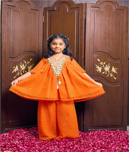 Pret Orange Bandhej Kurti with Sharara