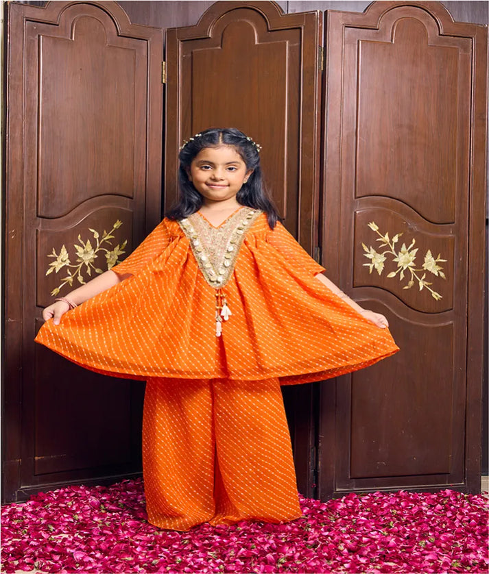 Pret Orange Bandhej Kurti with Sharara