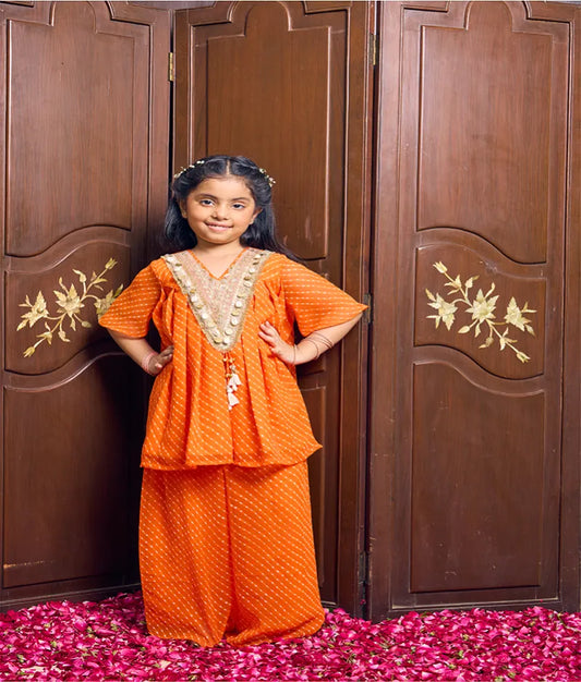 Pret Orange Bandhej Kurti with Sharara