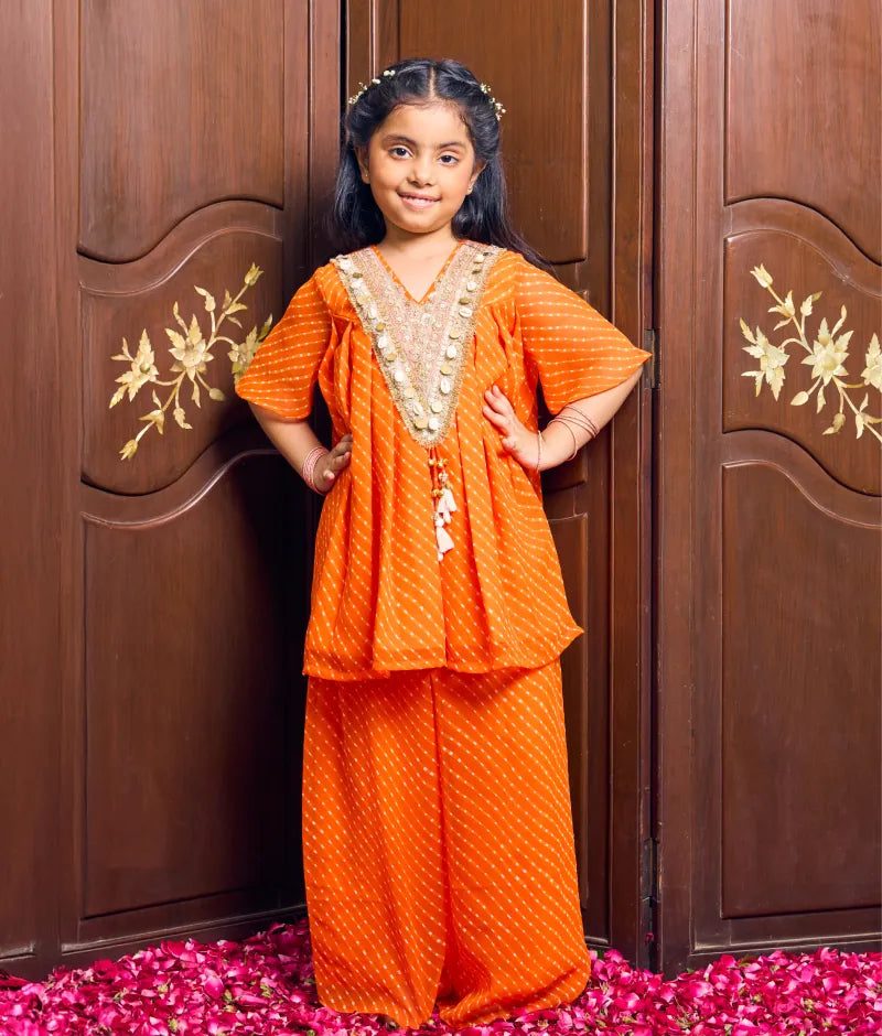 Pret Orange Bandhej Kurti with Sharara