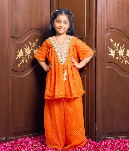 Orange Bandhej Kurti with Sharara - Pret Orange Bandhej Kurti with Sharara