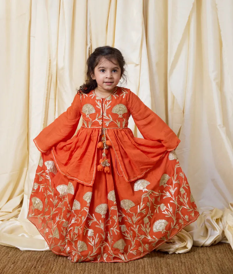 Pret Orange Gota Tulip Embroidered Long Choli Lehenga Set