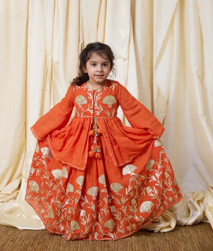 Pret Orange Gota Tulip Embroidered Long Choli Lehenga Set