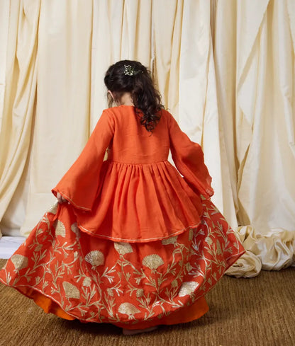 Pret Orange Gota Tulip Embroidered Long Choli Lehenga Set