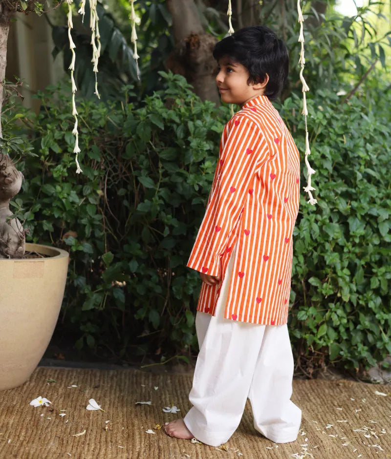 Pret Orange Hearts & Stripe Printed Kurta with Salwar