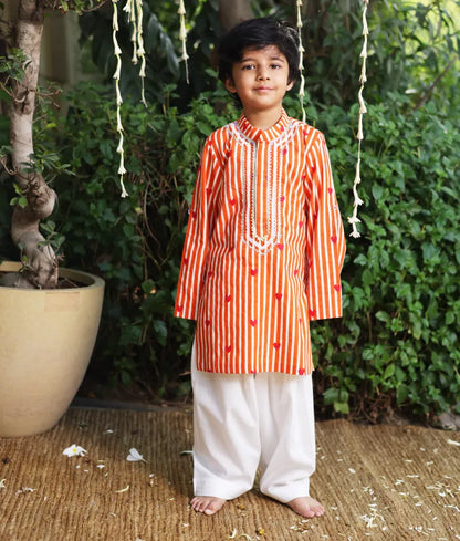 Pret Orange Hearts & Stripe Printed Kurta with Salwar