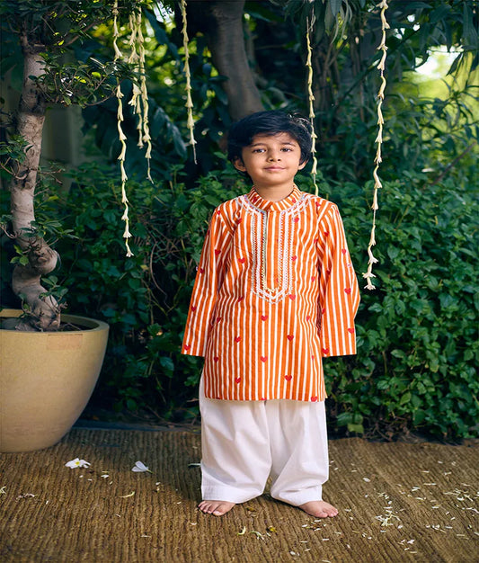 Pret Orange Hearts & Stripe Printed Kurta with Salwar