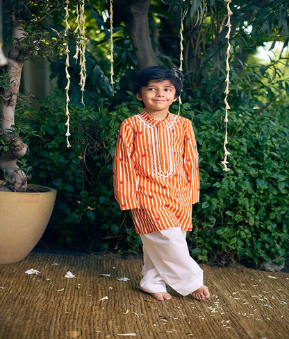 Pret Orange Hearts & Stripe Printed Kurta with Salwar
