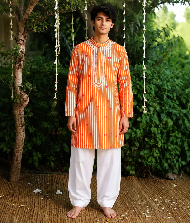 Pret Orange Hearts & Stripe Printed Kurta with Salwar