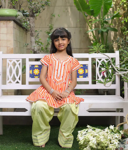 Pret Orange Hearts & Stripe Printed Kurti with Yellow Farshi Salwar