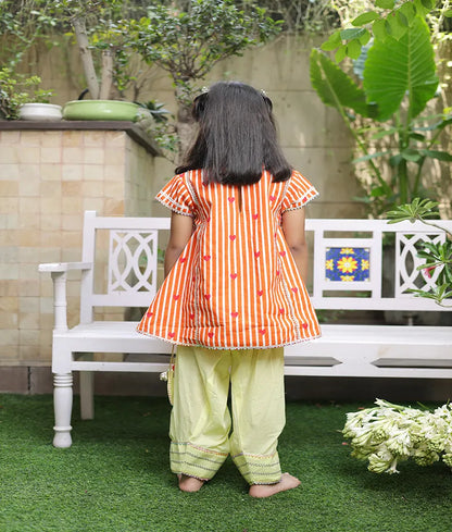 Pret Orange Hearts & Stripe Printed Kurti with Yellow Farshi Salwar