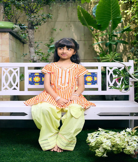 Pret Orange Hearts & Stripe Printed Kurti with Yellow Farshi Salwar