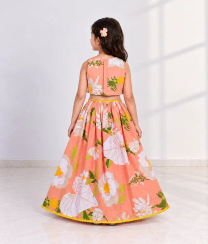 Orange Tassel Top with Printed Lehenga - Pret Orange Tassel Top with Printed Lehenga