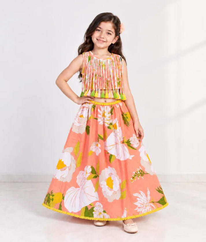 Pret Orange Tassel Top with Printed Lehenga